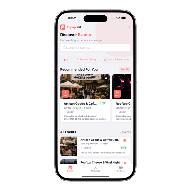 Popup Pal app discover screen showing local events